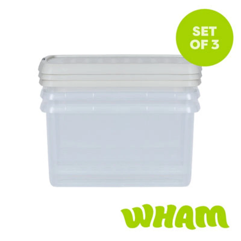 Image of Wham Clip 3X 14L Rectangular Plastic Storage Boxes With Clip Lock Lids. Ideal For Home, Office, Toys & More - Clear/stone