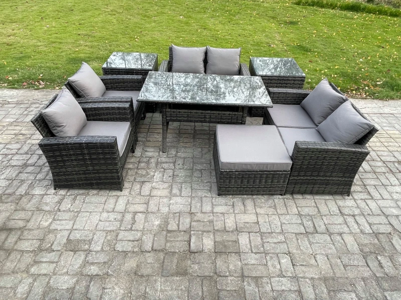Image of Fimous Rattan Garden Furniture Set Patio Outdoor Lounge Sofa Set With Oblong Dining Table Double Seat Sofa For Balcony