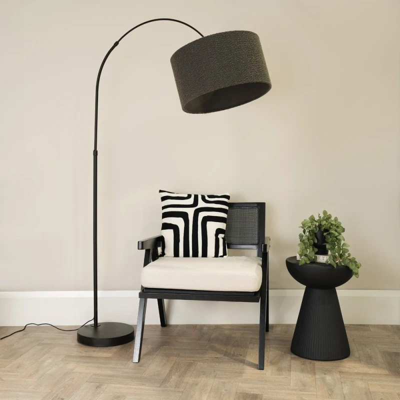 Image of ValueLights Louis Black Arched Curved Floor Lamp with Boucle Drum Lamp Shade Charcoal