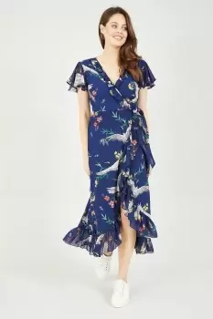 Image of Navy Frill Crane Wrap Midi Dress