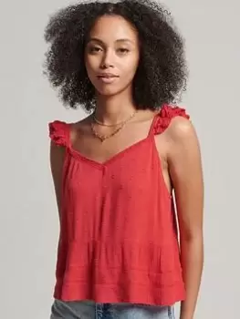 Image of Superdry Vintage Broderie Cami Top - Red, Size 8, Women
