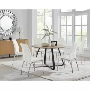 Image of Furniture Box Santorini Brown Round Dining Table and 6 White Isco Chairs