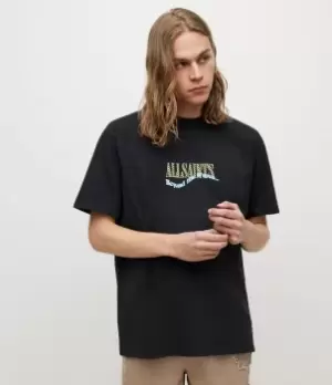 Image of AllSaints Mens Check Up Crew T-Shirt, Washed Black, Size: M