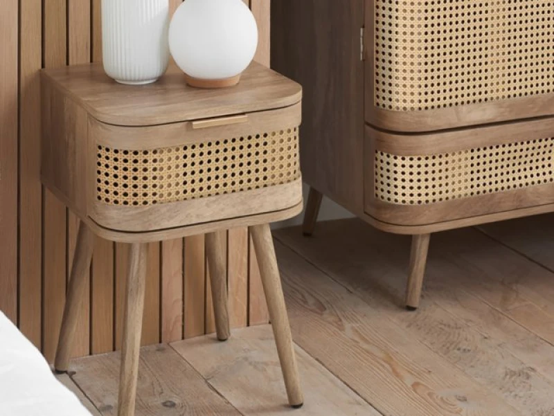 Image of Birlea Noah Rattan and Oak 1 Drawer Bedside Table