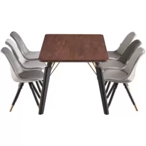 Image of 7 Pieces Life Interiors Sofia Cosmo Dining Set - a Rectangular Walnut Dining Table and Set of 6 Dark Grey Dining Chairs - Dark Grey
