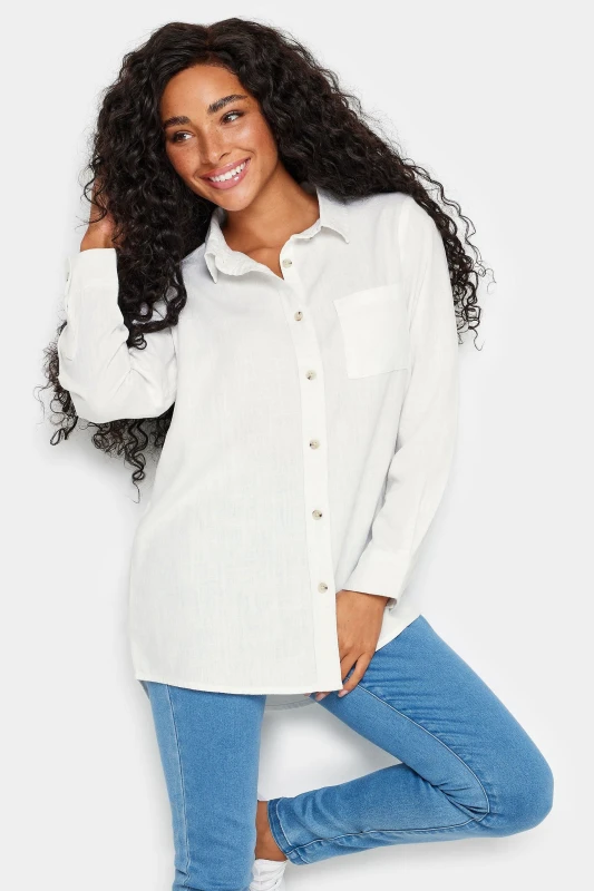 Image of M&Co Petite Linen Long Sleeve Shirt White female