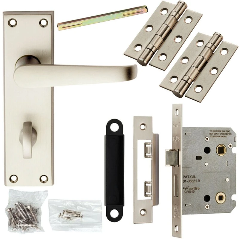 Image of Loops Door Handle & Bathroom Lock Pack Satin Chrome Victorian Straight Lever Backplate Multi