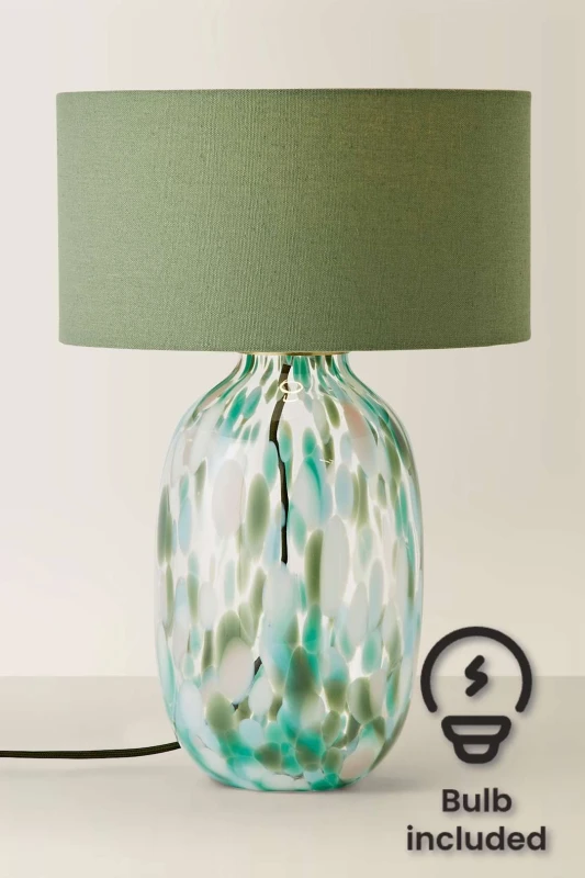 Image of ValueLights Belinda Confetti Glass Table Lamp with Fabric Drum Shade & Bulb in Green Green Unisex