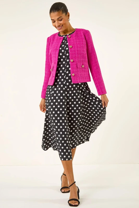 Image of Roman Womens Collarless Buttoned Boucle Jacket in Fuchsia Size: 20 Fuchsia Female 20