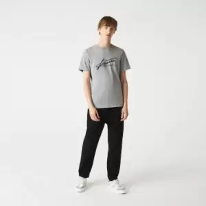 Image of Lacoste Mens Signature And Crocodile Print Crew Neck Cotton T-Shirt Size 6 - XL Grey Chine