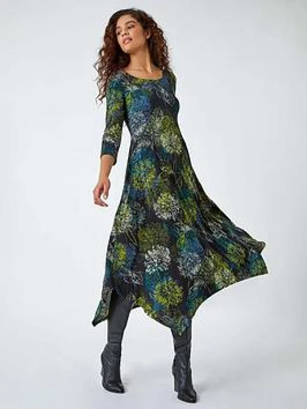Image of Roman Floral Hanky Hem Stretch Midi Dress Green