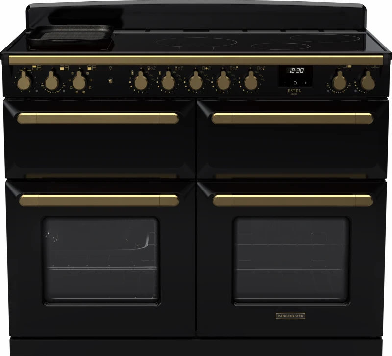 Image of Rangemaster Estel Deluxe ESDLB110EIPGBL/AB1 110cm Electric Range Cooker with Induction Hob - Black / Antique Brass - A Rated
