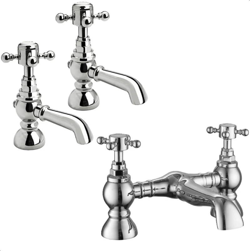Image of Balterley Crosshead Basin Pillar Taps & Bridge Bath Filler Set - Chrome in Silver Silver Unisex