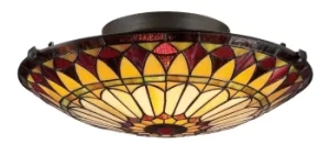 Image of West End 2 Light Flush Ceiling Light Vintage Bronze, Tiffany Glass, E27