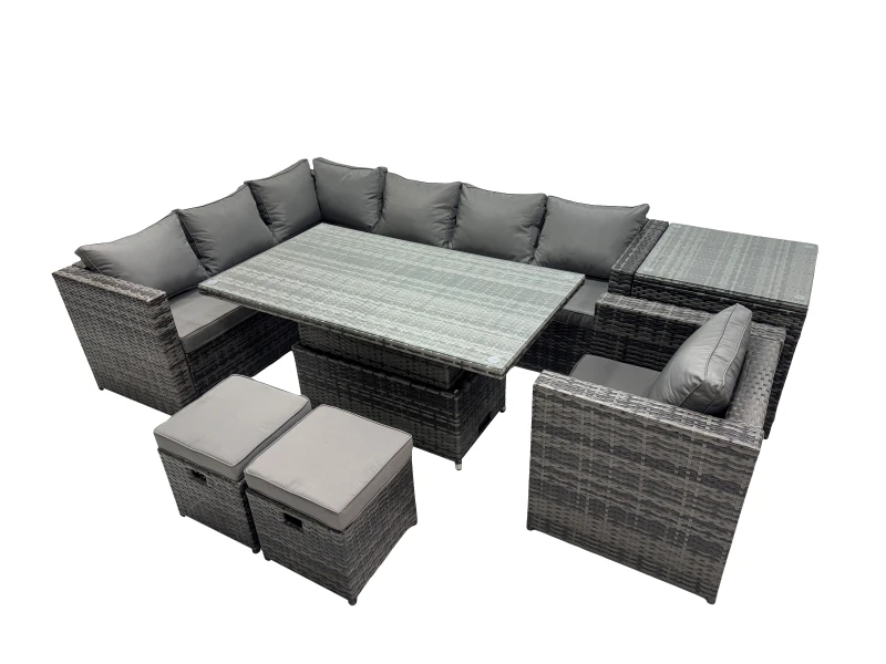 Image of Fimous 9-seater Rattan Garden Furniture Dining Set & 2 Small Stool Side Table in Dark Grey Dark Grey Unisex