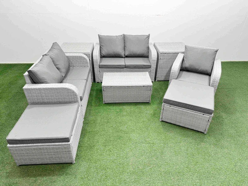 Image of Fimous High Back Poly Rattan Garden Furniture Set with Reclining Chair Loveseat Sofa Rectangular Coffee Table Indoor Outdoor Patio Set 2 Big Stool 2