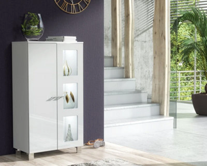 Image of Furneo White Sideboard Cabinet Modern High Gloss &matt Cupboard White LED Lights Mia 02