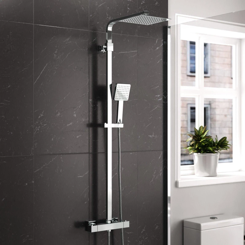 Image of Nes Home Modern Square Exposed Thermostatic Mixer Shower Set Shower Head & Handheld in Silver Silver Unisex
