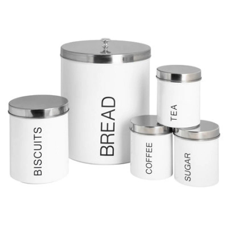 Image of Harbour Housewares 5 Piece Kitchen Canisters Set - White - Round Metal Storage Caddy Tin Jar