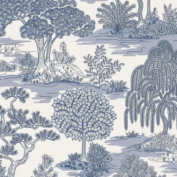Image of FINE DECOR Zen Oriental Landscape Blue Wallpaper Naturistic Leaves Feature Wall - Fine Decor WL-FD43443