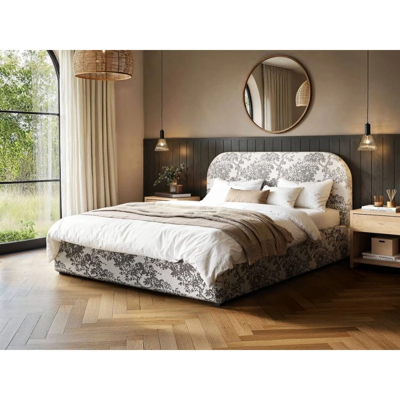 Image of Flair Alba Tree Print Ottoman Bed Beige Chenille Size: Double Beige Unisex Double