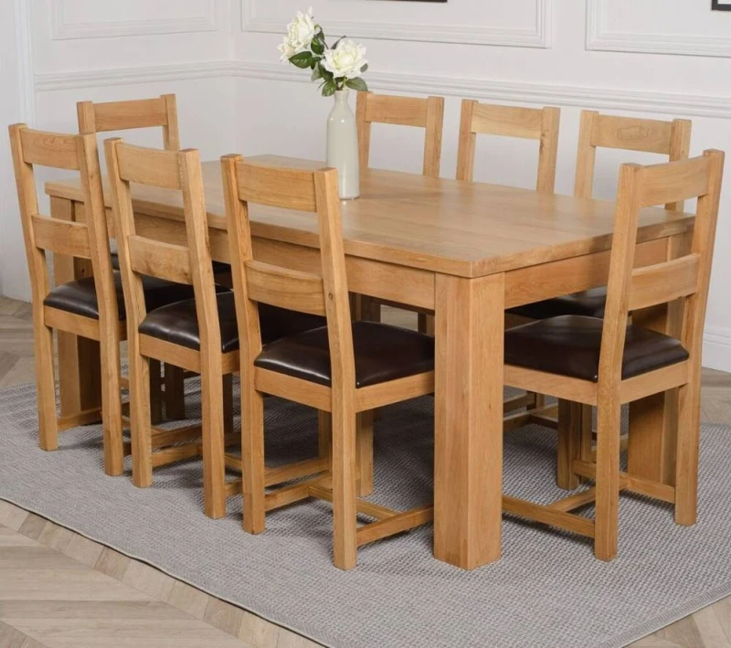 Image of Thats Furniture Dakot 182 x 92cm Oak Large Dining Table & 8 Lincoln Chairs in Brown Size: 182 x 92cm Brown Unisex 182 x 92 cm