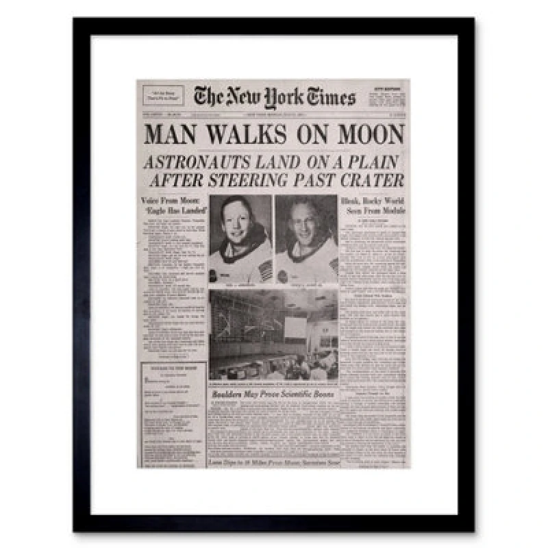 Image of Artery8 Vintage Space Newspaper Moon Aldrin Armstrong 12X16" Framed Wall Art Print