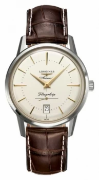 Image of Longines Flagship HA ritage Mens Brown Leather Cream Dial Watch
