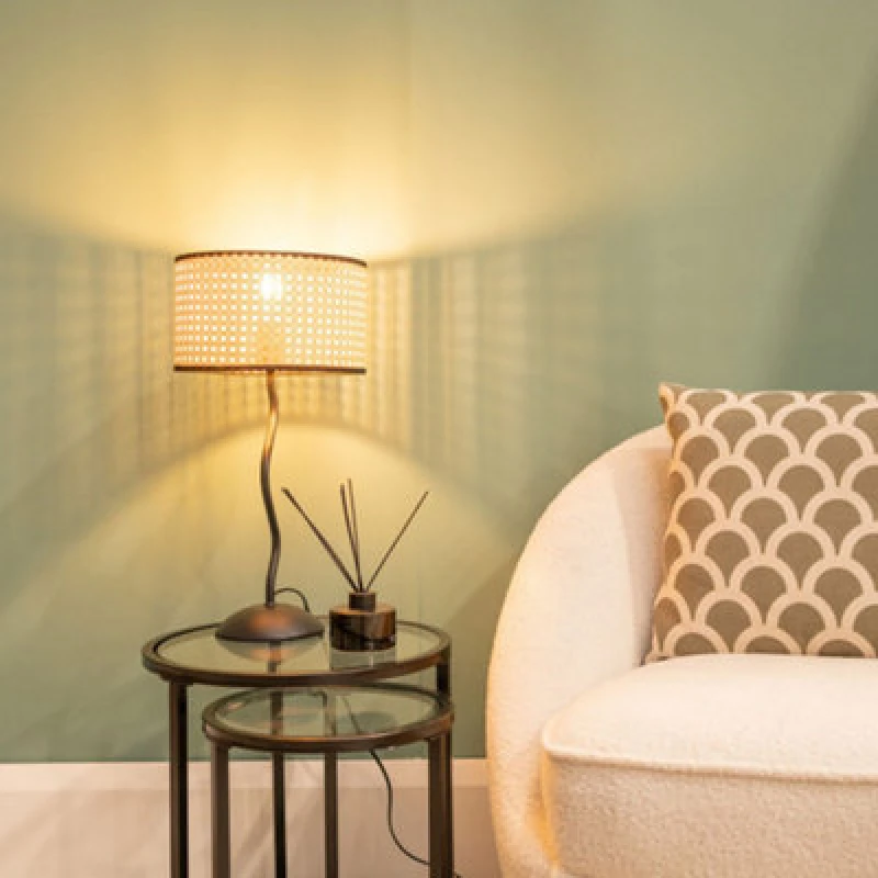 Image of ValueLights Wiggle Black Metal Table Lamp With Natural Cane Lampshade Black