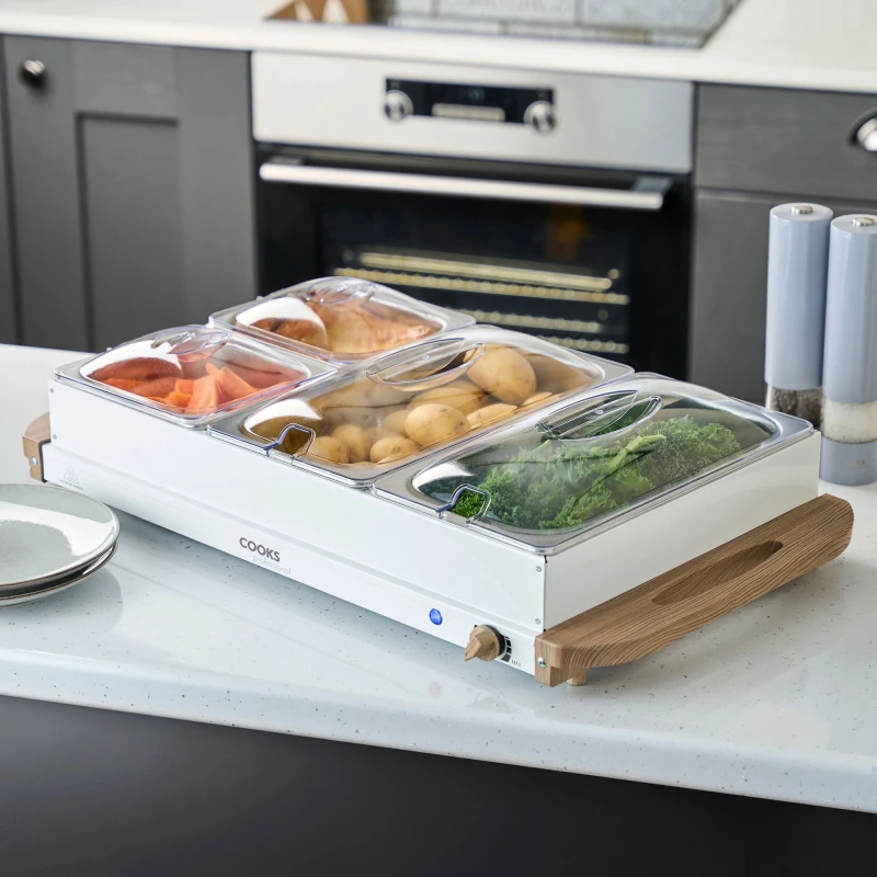 Image of Cooks Professional 4-Section Buffet Warmer 7.2L with Hotplate Function & Adjustable Temp in White White Unisex