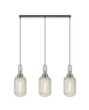 Image of Linear 3 Light Pendant E27 With 20cm Tubular Ribbed Glass, Champagne Polished Nickel, Matt Black