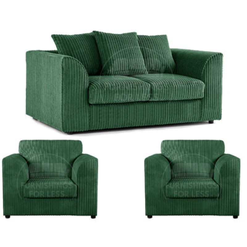 Image of Furnishings For Less UK Luxor Jumbo Cord 2 + 1 + 1 Fabric 3 Piece Sofa Suite - Scatter Back Green