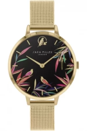 Image of Sara Miller Bamboo Garden Ladies Pale Gold Stainless Steel Mesh Strap Bird Dial Watch SA4068