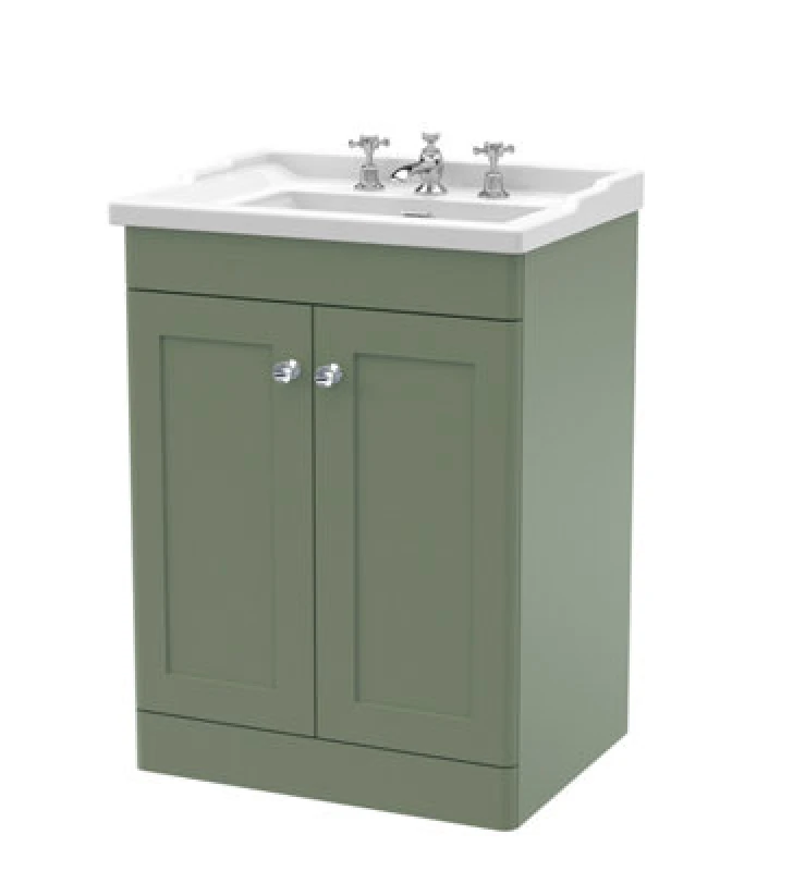 Image of NUIE Classique Floor Standing 2-Door Vanity Unit with Traditional Basin 600mm Wide Satin Green - 3 Tap Hole - Nuie CLC825G
