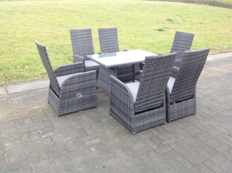Image of Fimous Oblong Table Adjustable Reclining Chair Rattan Dining Set Garden Furniture Table And Chair Set 6 Chairs Dark Grey