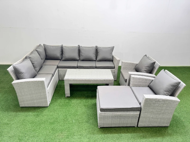 Image of Fimous Outdoor 9 Seater Corner Sofa Sets with Chair Big Stool Light Grey Light Grey Unisex
