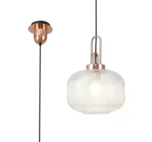 Image of 1 Light Pendant E27 With 30cm Pumpkin Shaped Ribbed Glass, Clear Copper, Matt Black