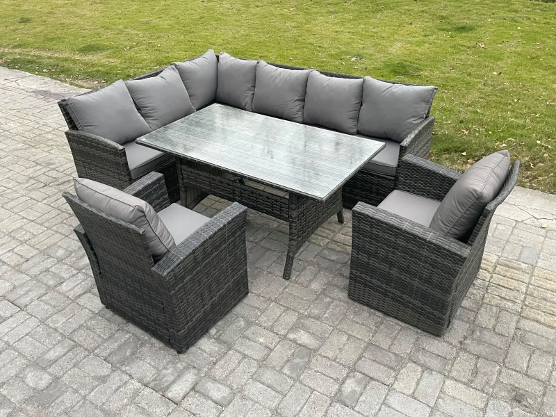 Image of Fimous 8 Seater Outdoor Rattan Garden Furniture Set with Rectangular Dining Table 2 Armchairs Patio Wicker Corner Sofa Set in Dark Grey Dark Grey Unis
