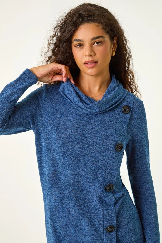 Image of Roman Cowl Neck Button Stretch Top Blue