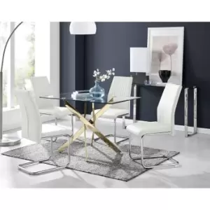 Image of Furniturebox Leonardo 120cm Modern Glass And Gold Metal Leg Dining Table And 4 White Lorenzo Faux Leather Silver Chrome Leg Dining Chairs
