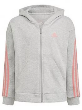 Image of adidas Girls Junior G 3-Stripes Full Zip Hoodie - Grey/Pink, Size 4-5 Years, Women