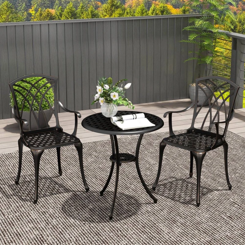 Image of Outsunny 3 PCs Garden Bistro Set Outdoor Garden Furniture Set w/ Umbrella Hole Bronze