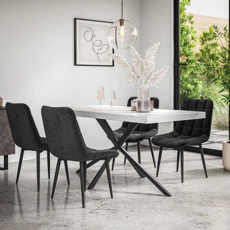 Image of More4Homes Donni Dining Table And Chairs - White Marble Effect Table Top W Black Legs + Nova Velvet Dining Chair Set Of 6 (Black)