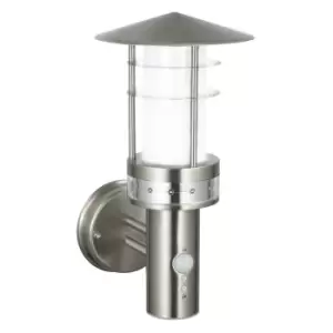 Image of Pagoda PIR 1 Light Outdoor Wall Light Brushed Stainless Steel, Frosted Polycarbonate IP44, E27