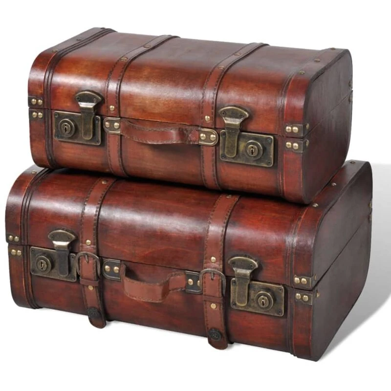 Image of vidaXL 2x Wooden Treasure Chest Vintage Brown Storage Box Ottomans Trunk Bench