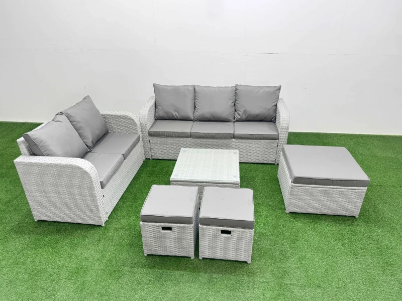 Image of Fimous 8 Seater PE Rattan Wicker Garden Furniture Patio Conservatory Sofa Set with Square Coffee Table 3 Seater Sofa Love Sofa 3 Stool Light Grey