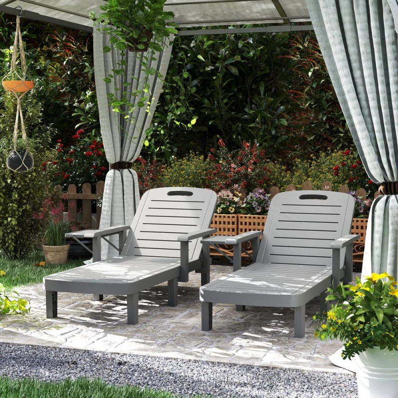 Image of Outsunny Set of 2 Resin Reclining Sun Loungers for Garden, Dark Grey 84G-789V01CG