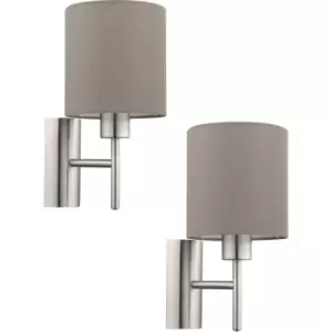 Image of 2 PACK Wall Light Colour Satin Nickel Shade Taupe Fabric Rocker Switch E27 60W