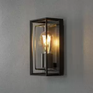 Image of Konstsmide Brindisi Outdoor Modern Lantern Wall Light Sensor Black Open Frame Clear Glass E27, IP54