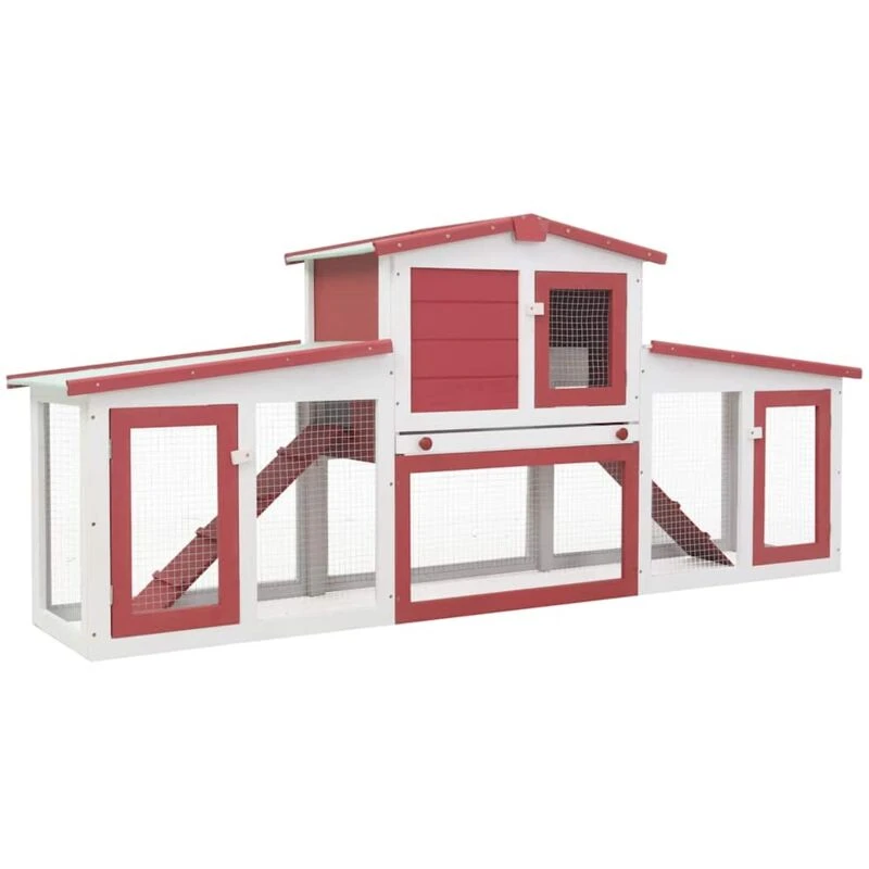 Image of vidaXL Outdoor Large Rabbit Hutch Red and White Wood Small Animal Enclosure